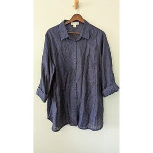 Coldwater Creek Womens Button Up Shirt 1X Roll Tab Indigo Blue Purple Semi Sheer